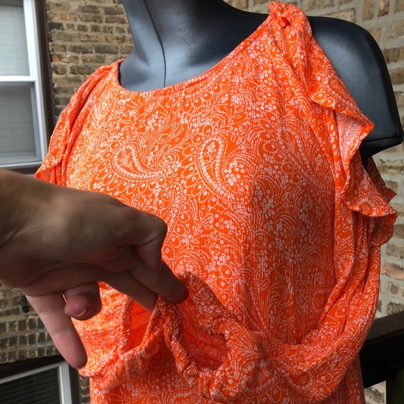Vintage Orange Paisley Old Navy Ruffle Cold Shoulder Mini Dress Y2K Boho Vibes S - Picture 9 of 13
